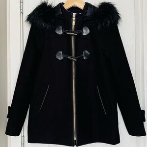 I.VY Wool Blend Coat with Faux Fur Hood Jacket, Size M - Classic Minimalist